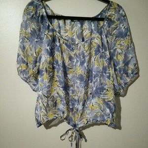 TYLER KIM Silk Sheer Blouse Floral Scoop Neck PS S